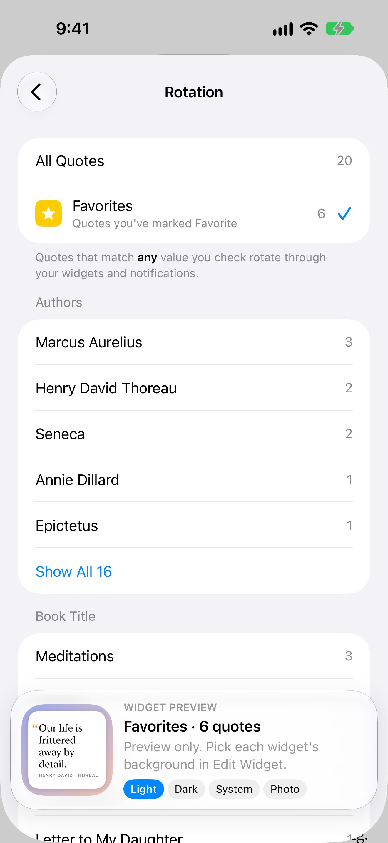 Choosing Favorites as the quotes to show, with a live widget preview